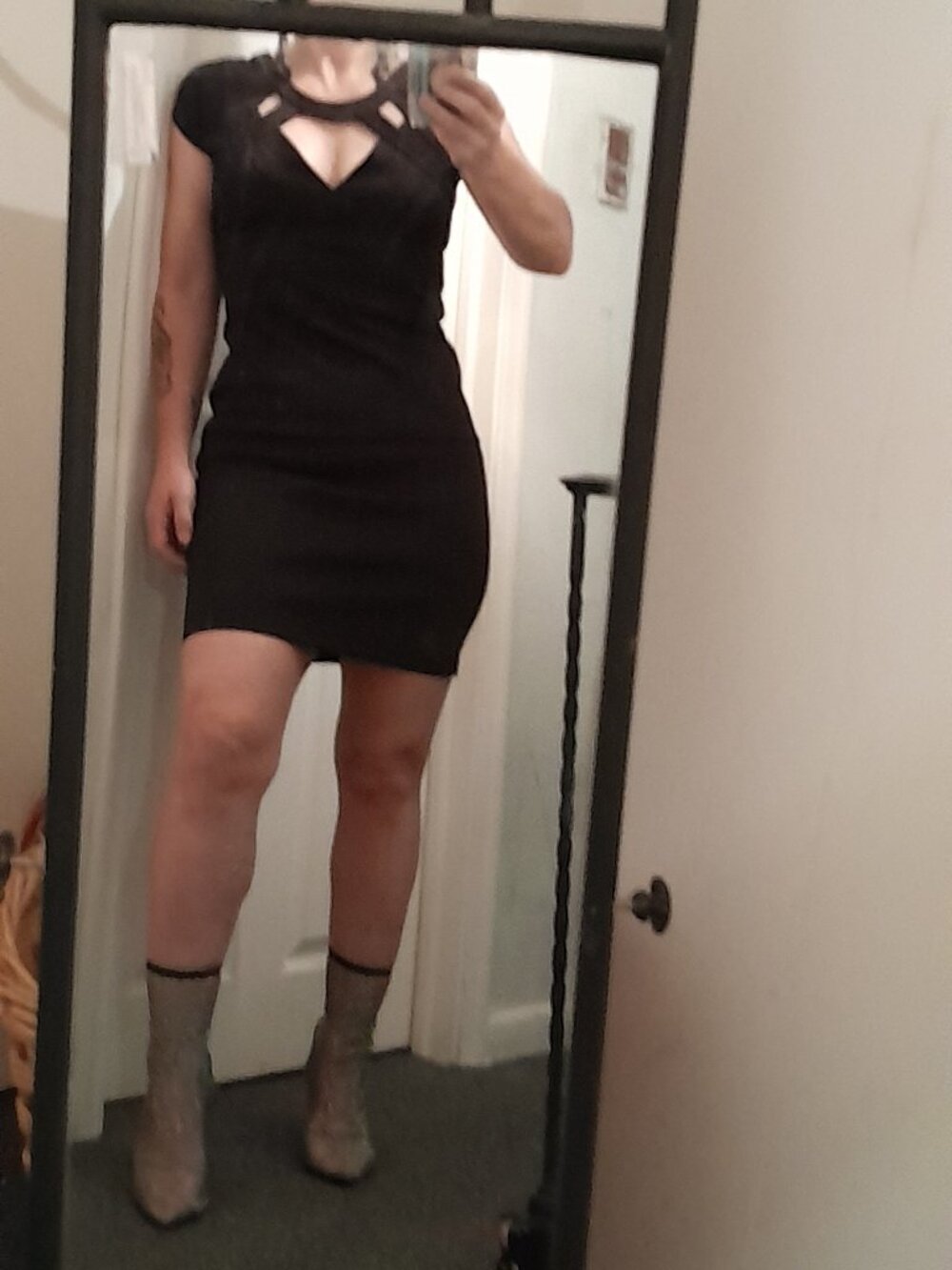 Mini dress with fishnet rhinestone booties